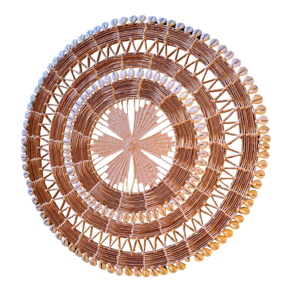 VTG Large Courie Shell Pattern Straw Woven Basket Wall Hanging.